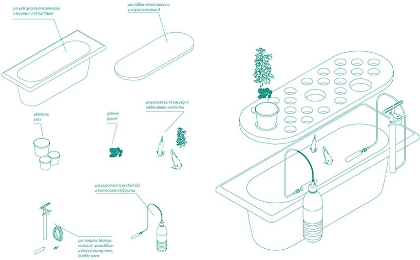 reused tub acts as a hydroponic / aquoponic system