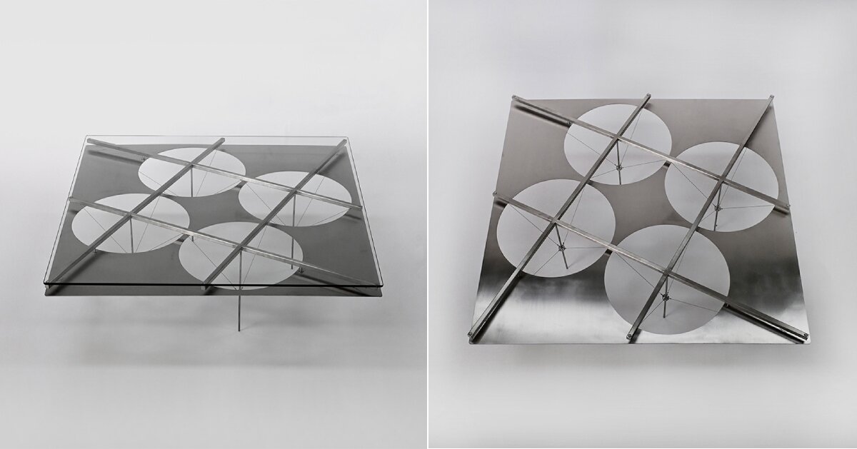 slender stainless steel frame with wires supports jeonghyeon jin’s XX&02&1 coffee table