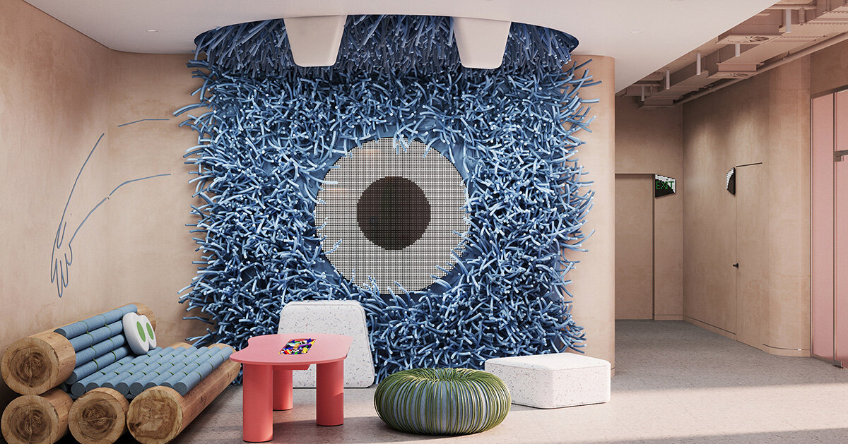 fluffy blue monster looks over dental clinic by ZIKZAK architects in stuttgart