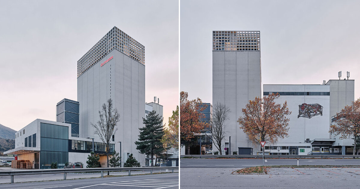 concrete crown transforms 1978 grain silo in austria into storing center for wood pellets