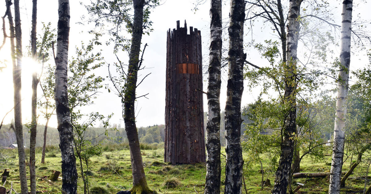 repurposed timber offcuts build up lookout tower by UMA and esperöd art team