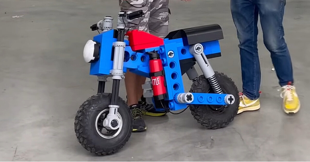 rideable LEGO technic cafe racer runs on electric monkey motorbike with 3D printed parts