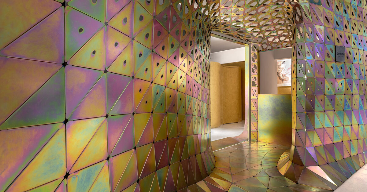 thousands of galvanized steel petals shape prismatic installation within gallery in shanghai