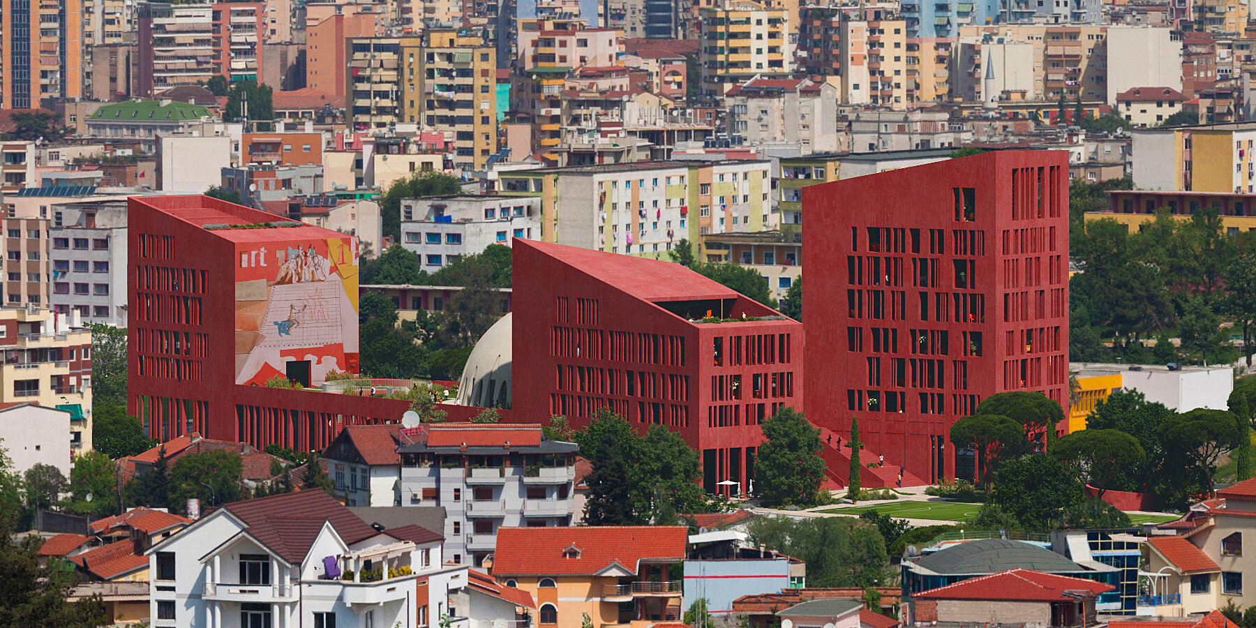 oppenheim architecture reveals tirana’s college of europe campus as red concrete cluster