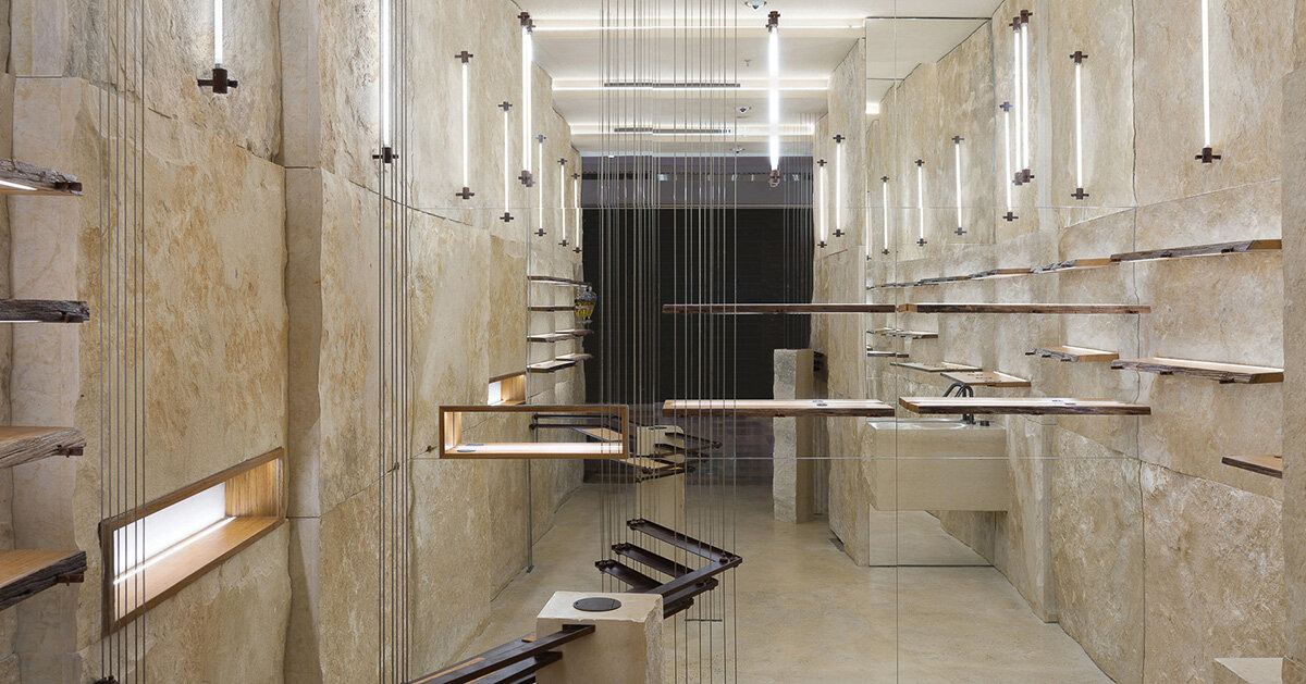 quarries inspire adjustable shelving system in dongqi design’s stone&amp;clad shanghai store