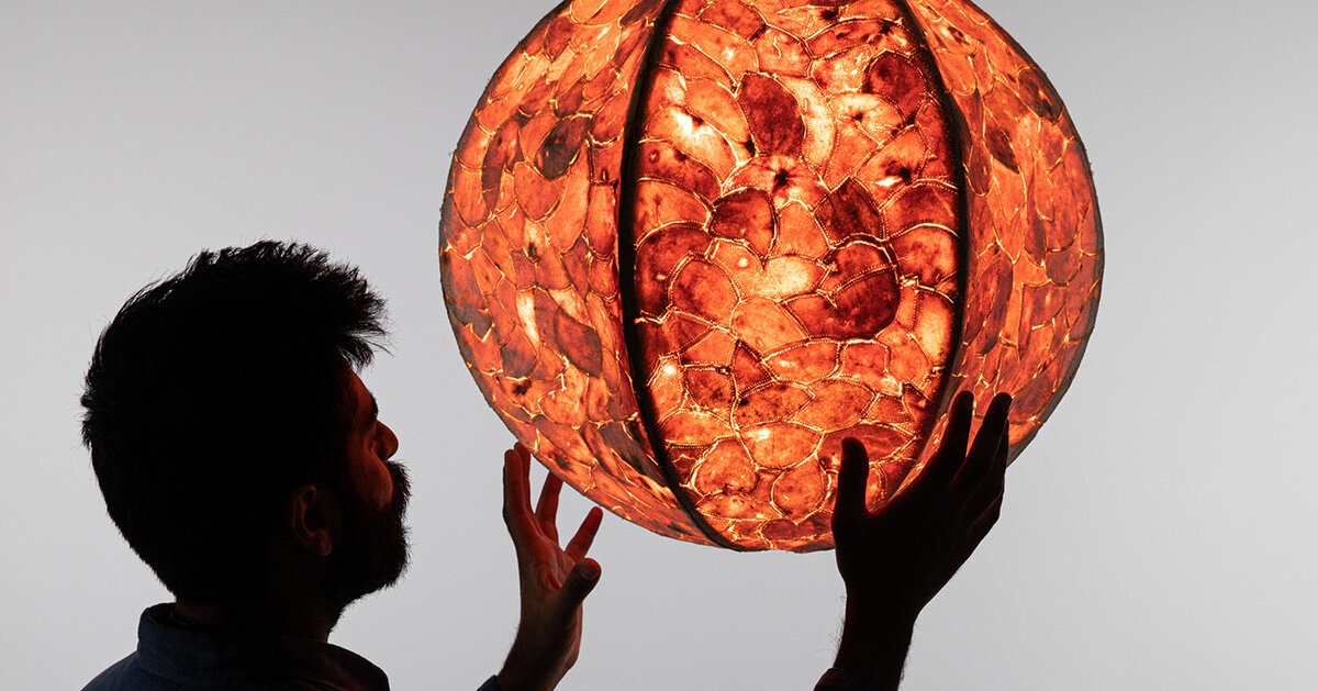 leather&amp;like material from citrus waste wraps pendant lamp at london design festival