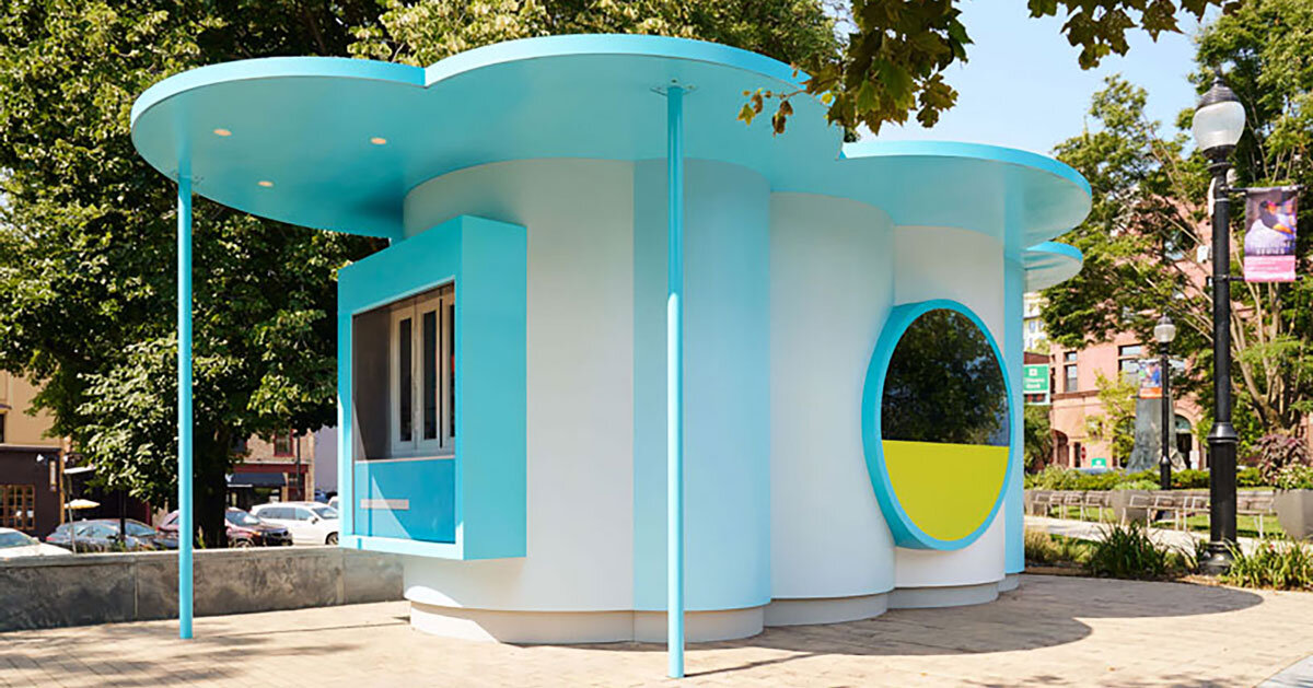 little blue cloud kiosk settles in burlington’s historic city hall park