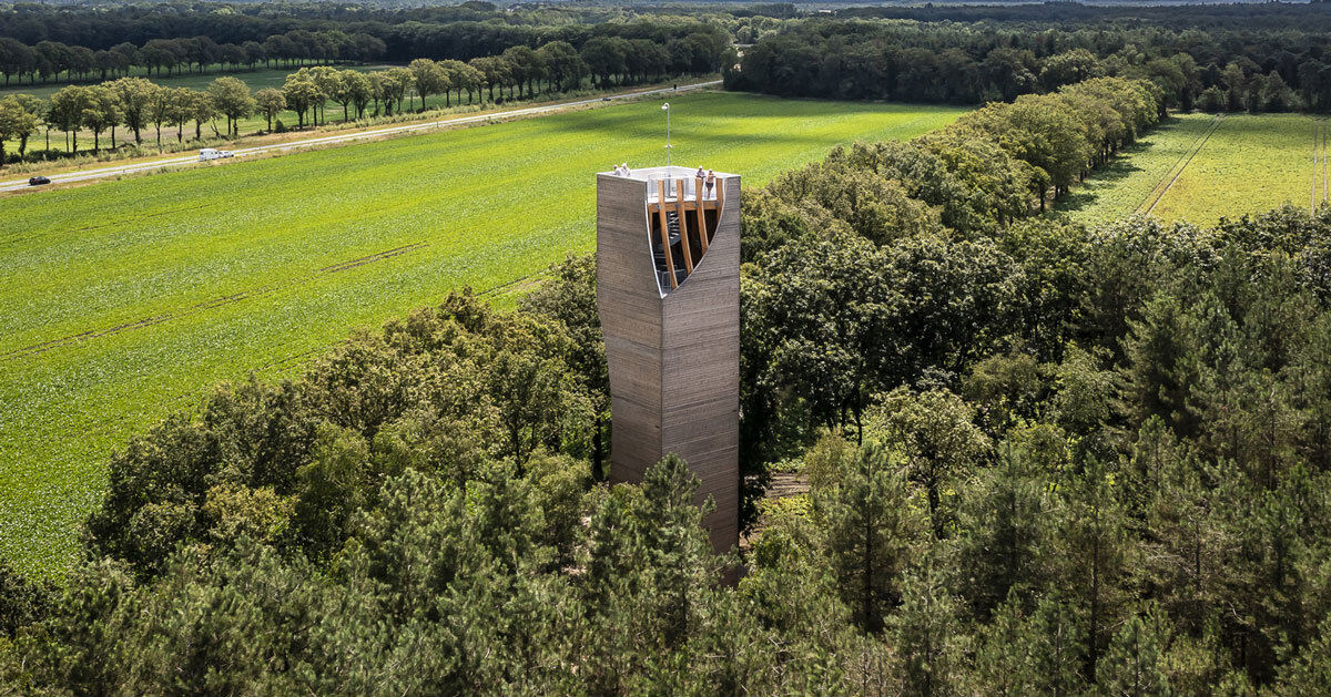 curved aperture in NEXT architects’ watchtower reveals wooden frame and spiral staircase