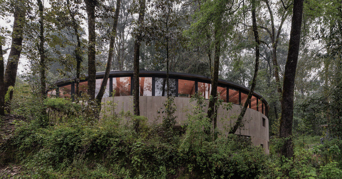 ring structure of casa girasol channels sunlight amid pine forest in mexico