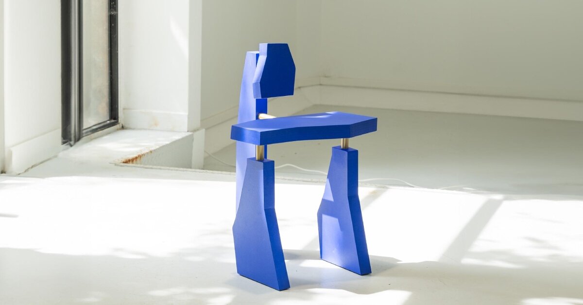 with jagged volumes painted cobalt blue, vincent decat’s furniture reimagines ruins of delphi