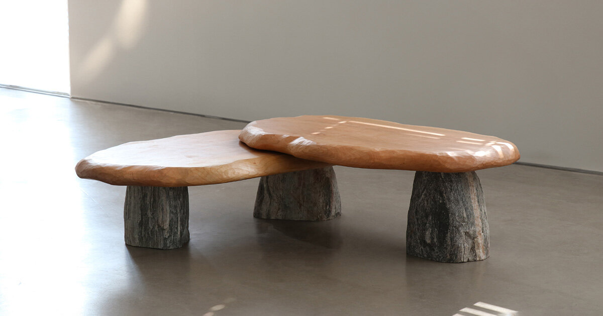 wood and stone shape mushroom&like tables in batten and kamp x henry d’ath collaboration