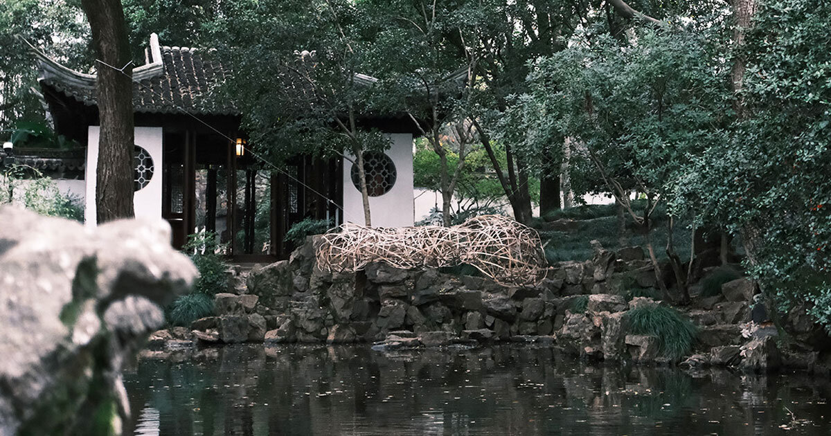 bamboo&weaved cloud installation floats above three traditional chinese gardens