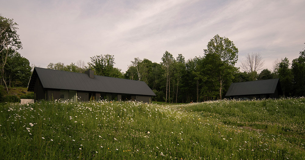 group projects dots postcard catskills meadow with minimalist, black houses