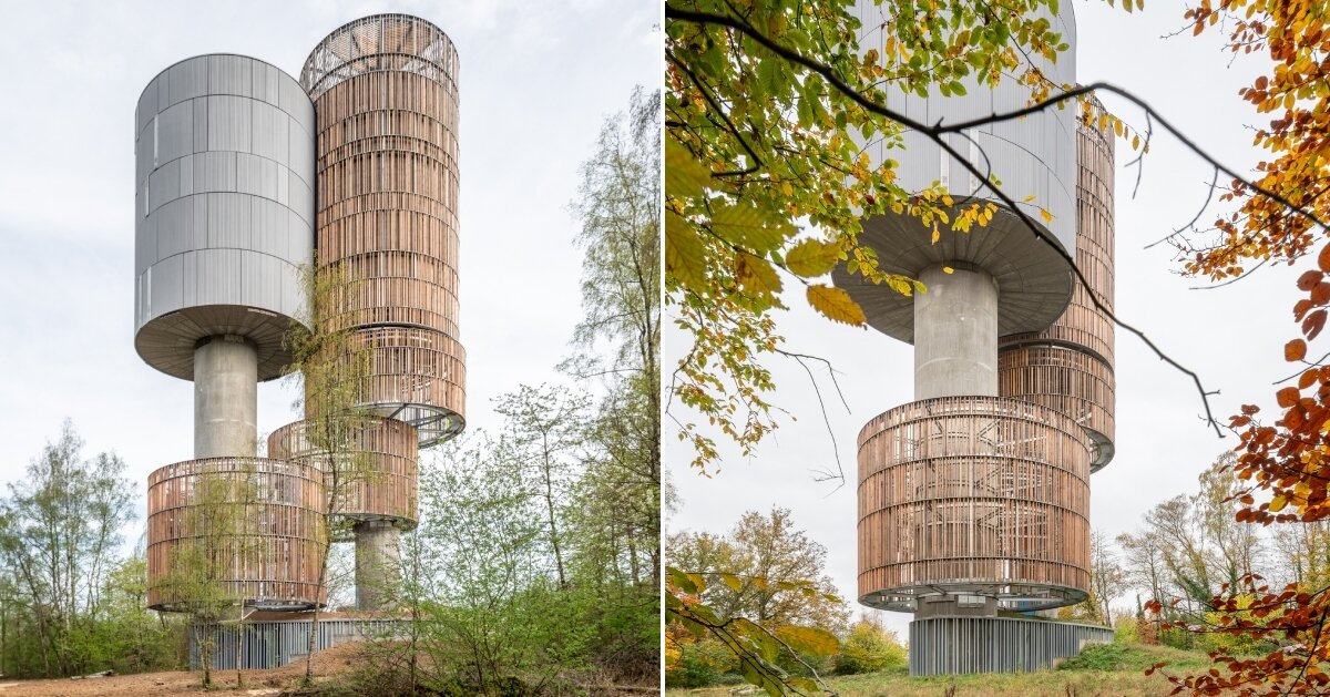 wood and cork towers create water reservoir and wildlife shelter in luxembourg forest