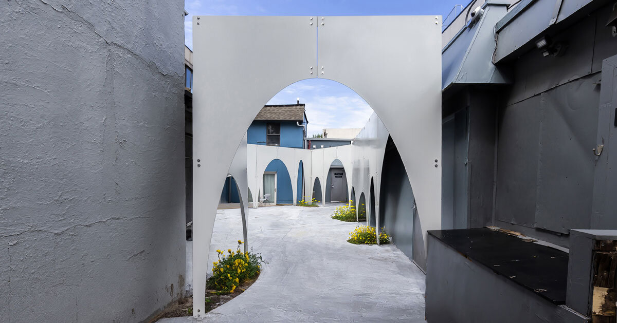 multi&arched steel installation by mian ye outlines urban courtyard in brooklyn