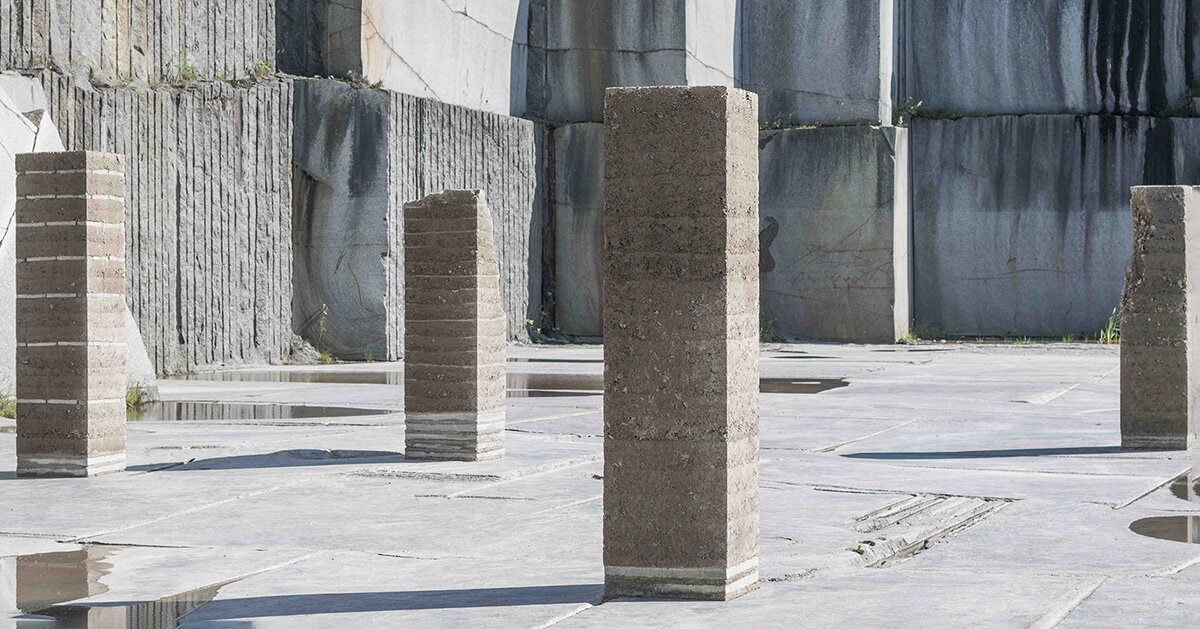 natural forces sculpt rammed earth columns in sustainable norwegian quarry installation