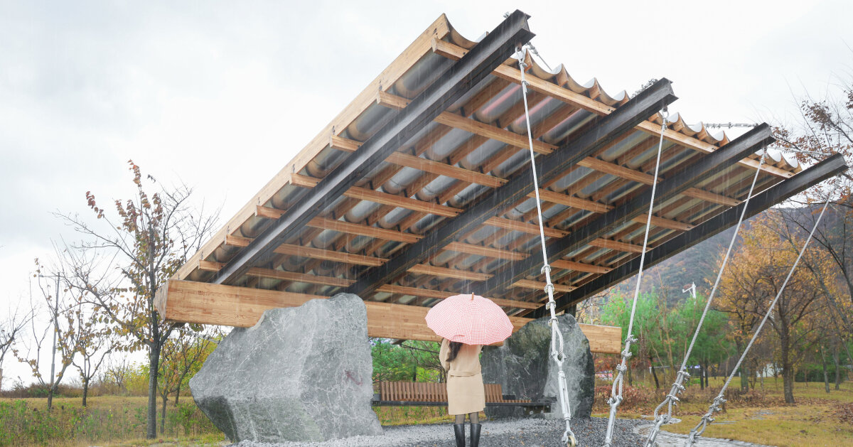 SO? rests wood &amp;amp; metal canopy atop rocks for ‘urban interior’ pavilion in south korea