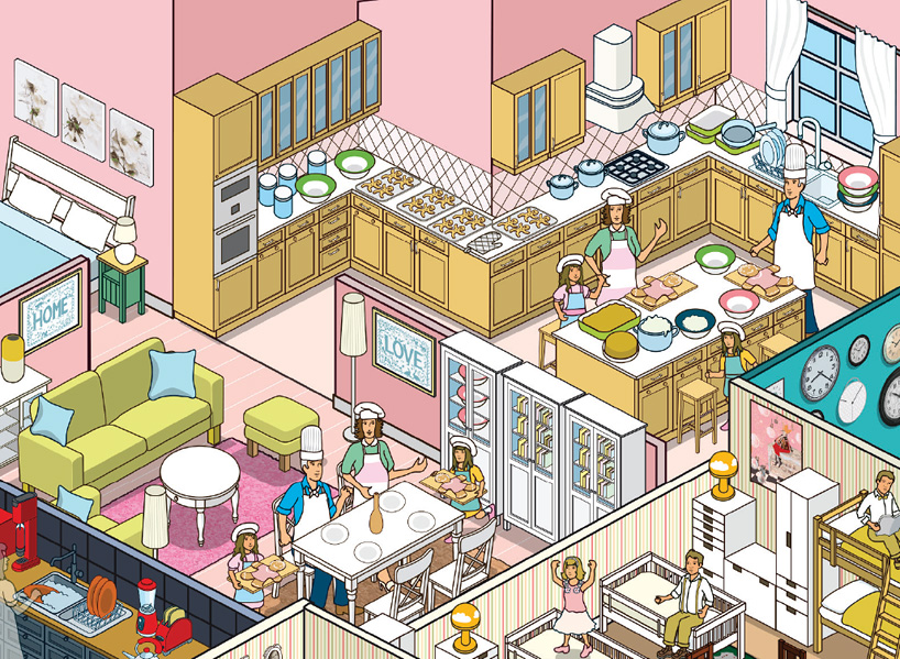 rod hunt illustrates 10 ikea families + their aparments for russian campaign