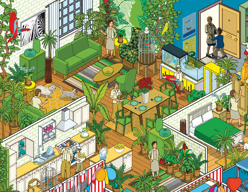 rod hunt illustrates 10 ikea families + their aparments for russian campaign