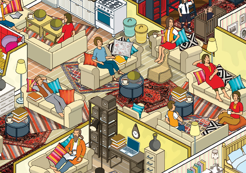 rod hunt illustrates 10 ikea families + their aparments for russian campaign