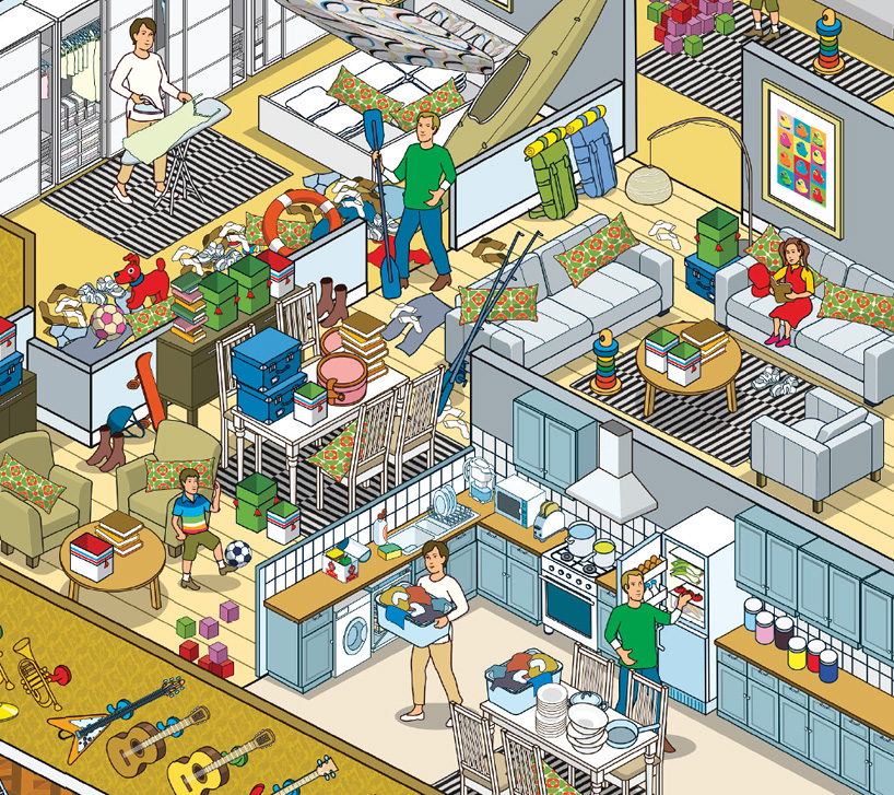 rod hunt illustrates 10 ikea families + their aparments for russian campaign