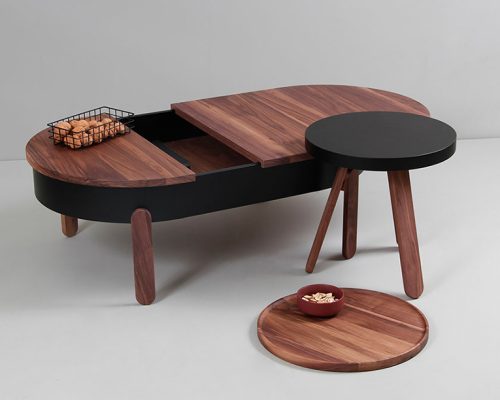 Batea Table Collection features complimentary storage space