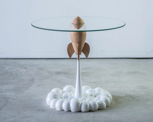 single rocket table (wooden), combining various techniques from lathe to 3D printing