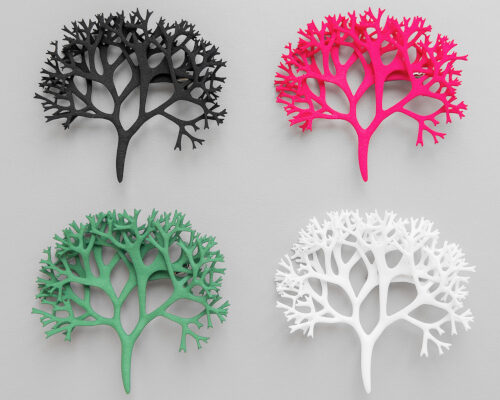 Arbor Brooch: A 3D-printed, hand-dyed nylon brooch inspired by tree-like marine plant forms