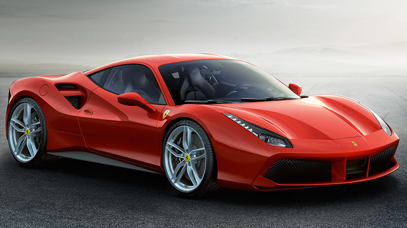 aerodynamic ferrari 488 GTB sportscar races from 0-60 mph in 3 seconds