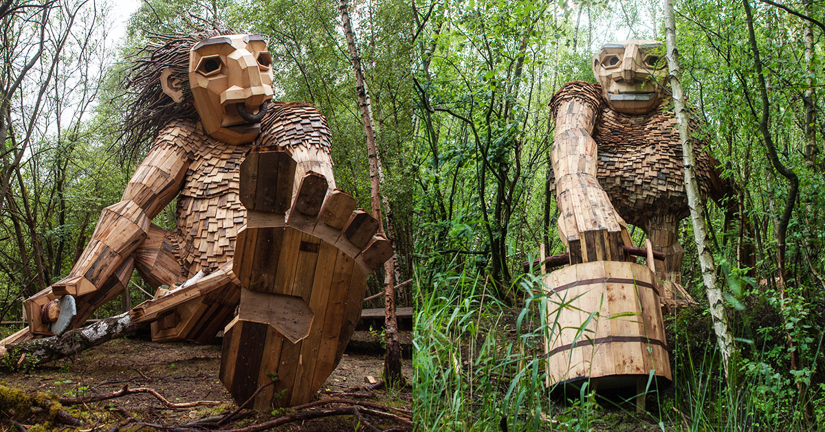 thomas dambo builds 7 giant trolls made from reclaimed wood in belgian ...