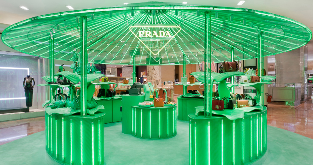 prada's 'hyper leaves' take over galeries lafayette's flagship store in  paris