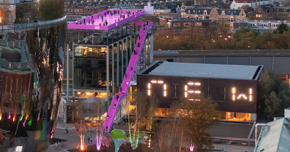 designs a temporary pink roof for het nieuwe in rotterdam