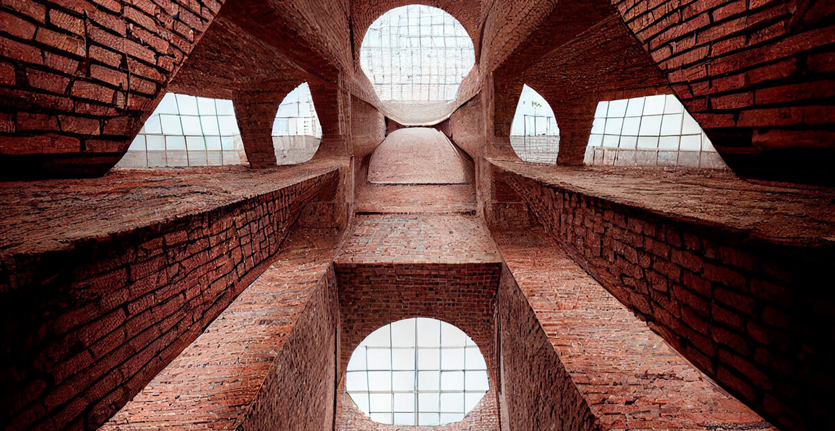 AI-generated brick structures explore sacredness through light & geometry