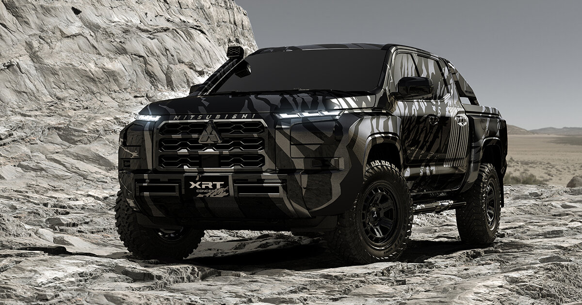 exterior of revamped mitsubishi triton 'XRT' reflects lava rocks  post-eruption