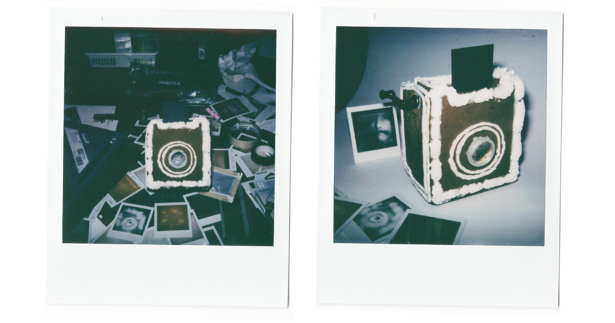 edible camera made of gingerbread captures and prints instax photos