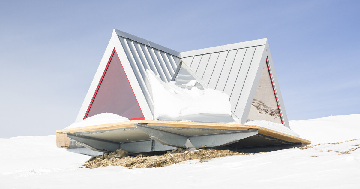 pinwheel shelter is a foldable wooden & aluminum tent on an alpine 