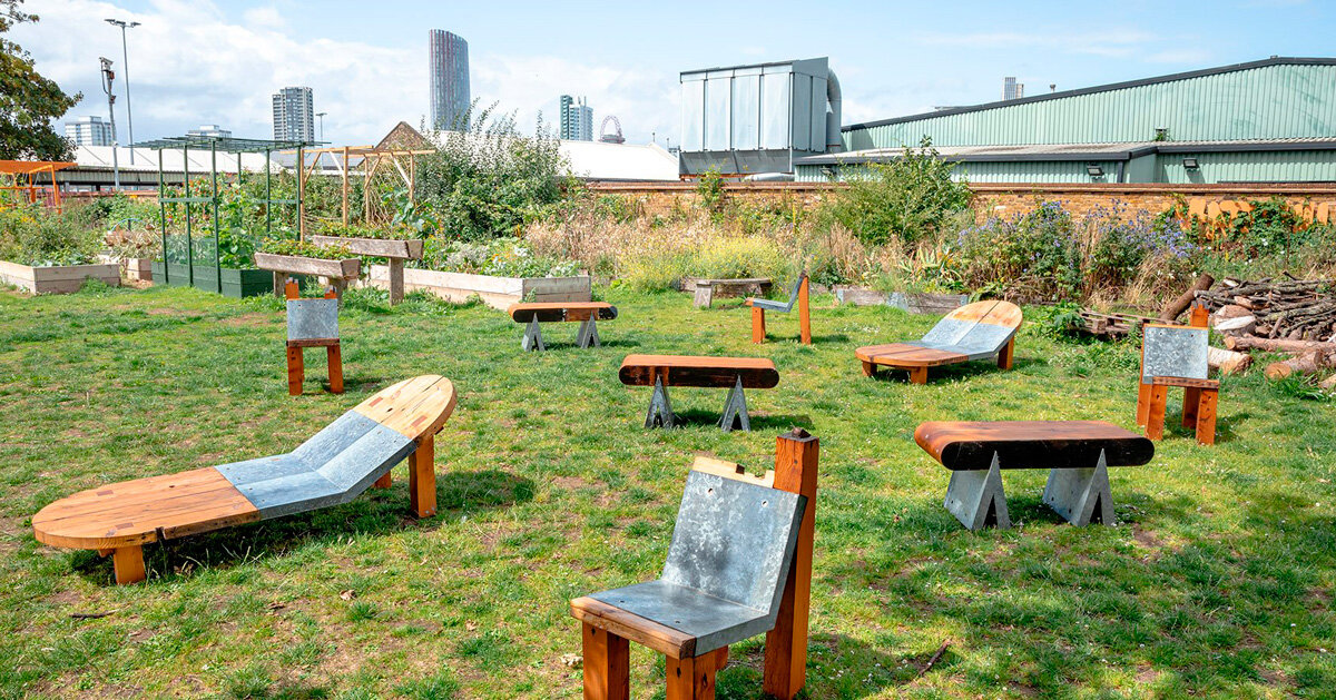 outdoor furniture series by adrienne lau repurposes wood boards and galvanized steel