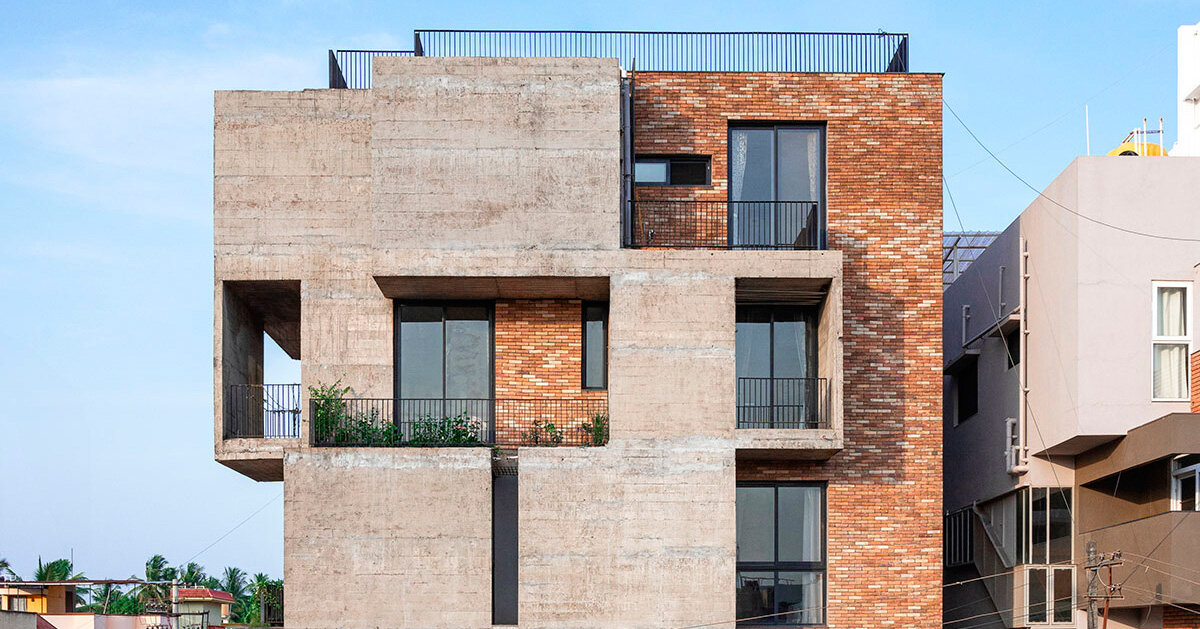 concrete and brick interplay on multi-layered residence’s geometric facade by rahul pudale