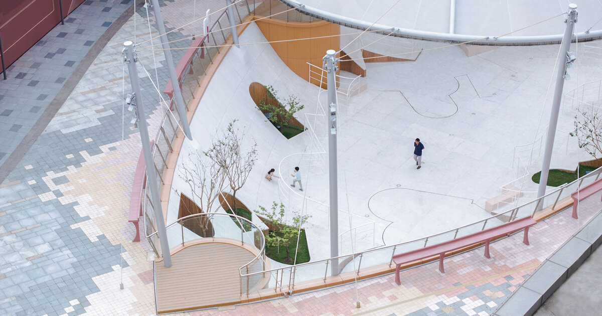 deep origin lab’s floating geometric courtyard revitalizes sunken plaza in china