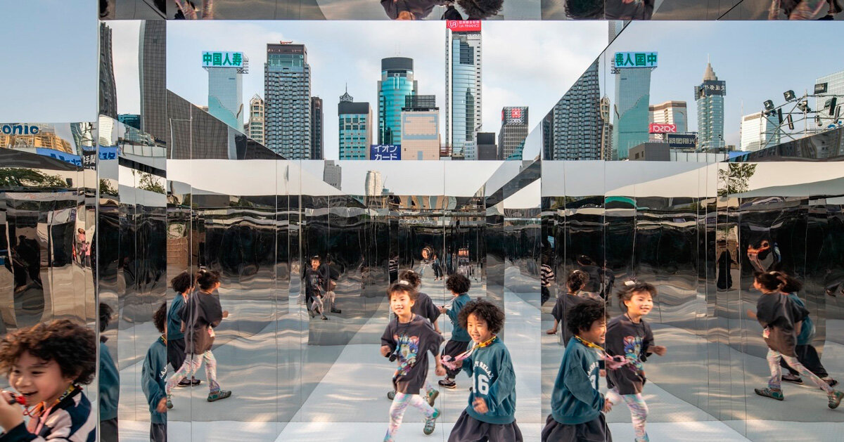 mirror maze's reflective pathways distort hong kong's harborfront