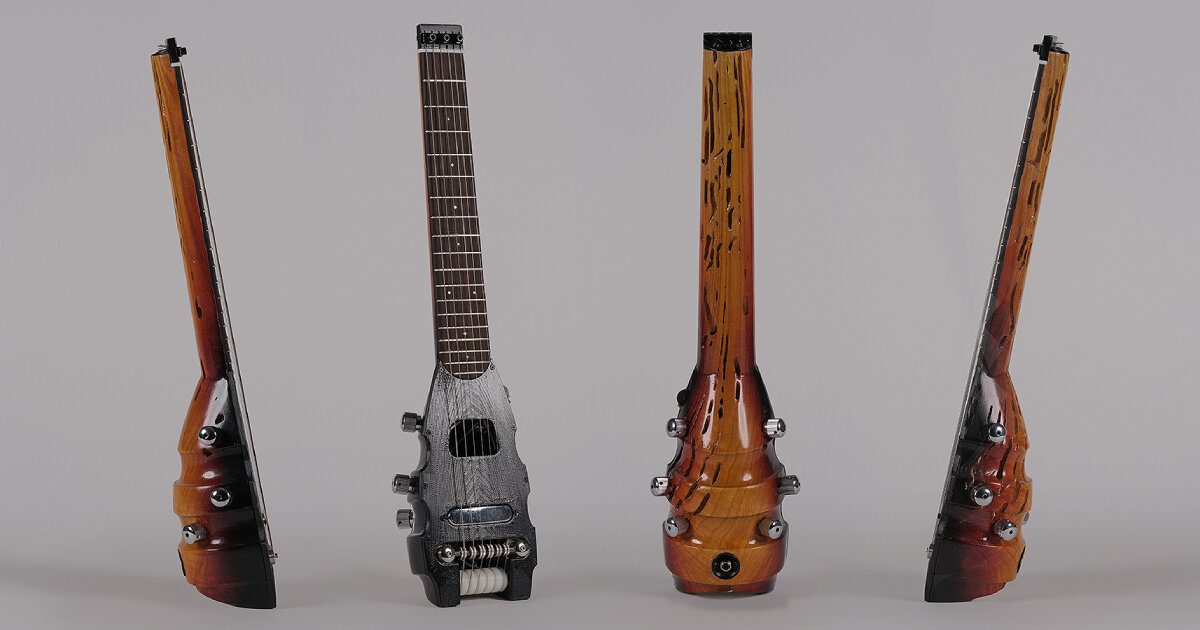 travel electric guitar with ukulele body and 3D printed parts can be packed in hand luggage