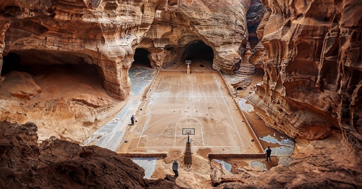 Basketball courts are located in the sandstone gorges of AlUla in Norah Alsuairy’s AI-generated series