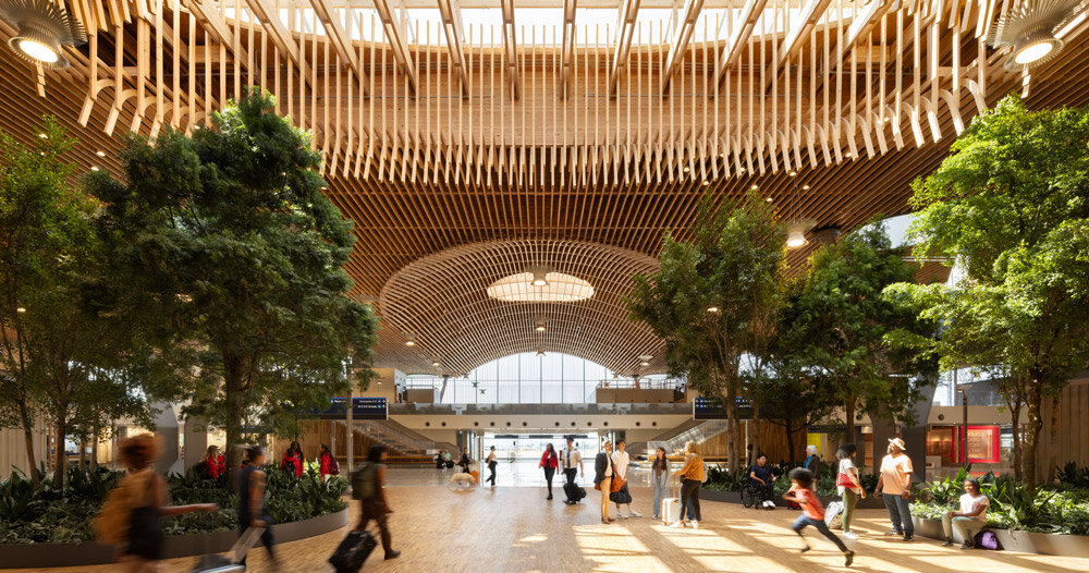 The world’s largest solid wood airport opens to travelers in Portland