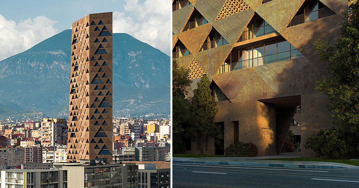 oppenheim architecture reimagines embroidery motifs as textured concrete tower in tirana