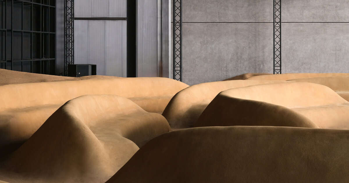 bottega veneta sculpts sand-colored seats into patterns of sound waves for dubai installation