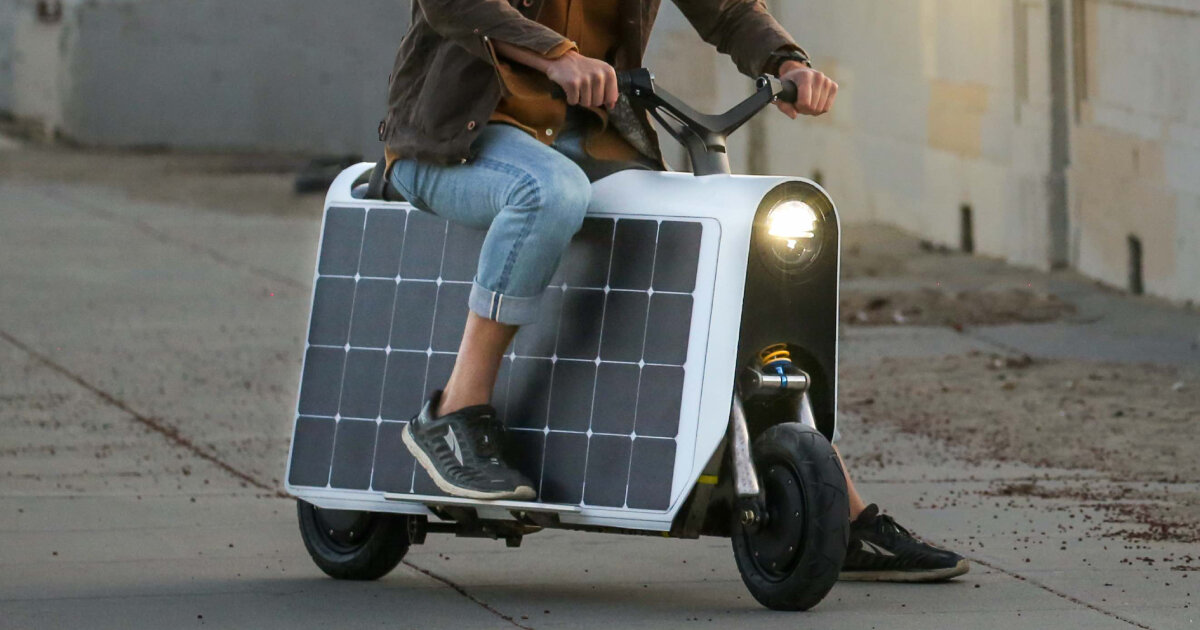 The Lightfoot, an electric cargo scooter, features solar panels that can accommodate bags, providing a sustainable and practical mode of transportation.