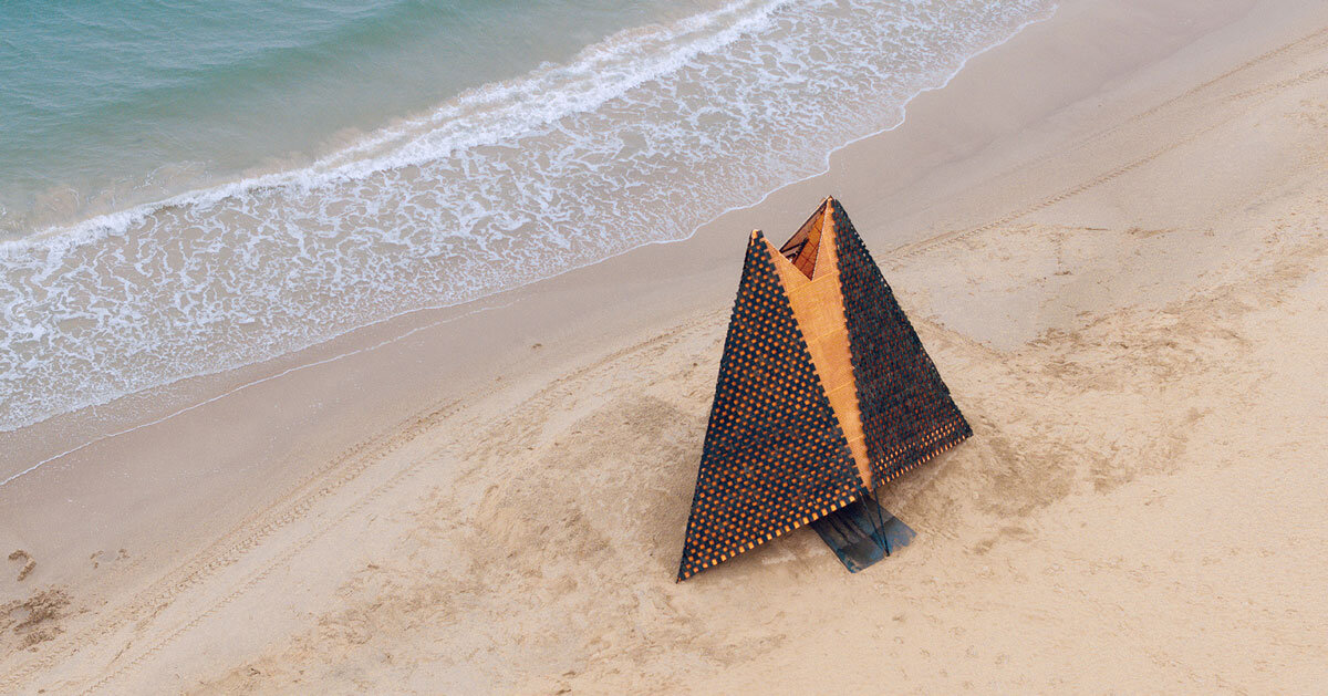 atelier heimat crafts burning perforated wooden installation for theater festival in china