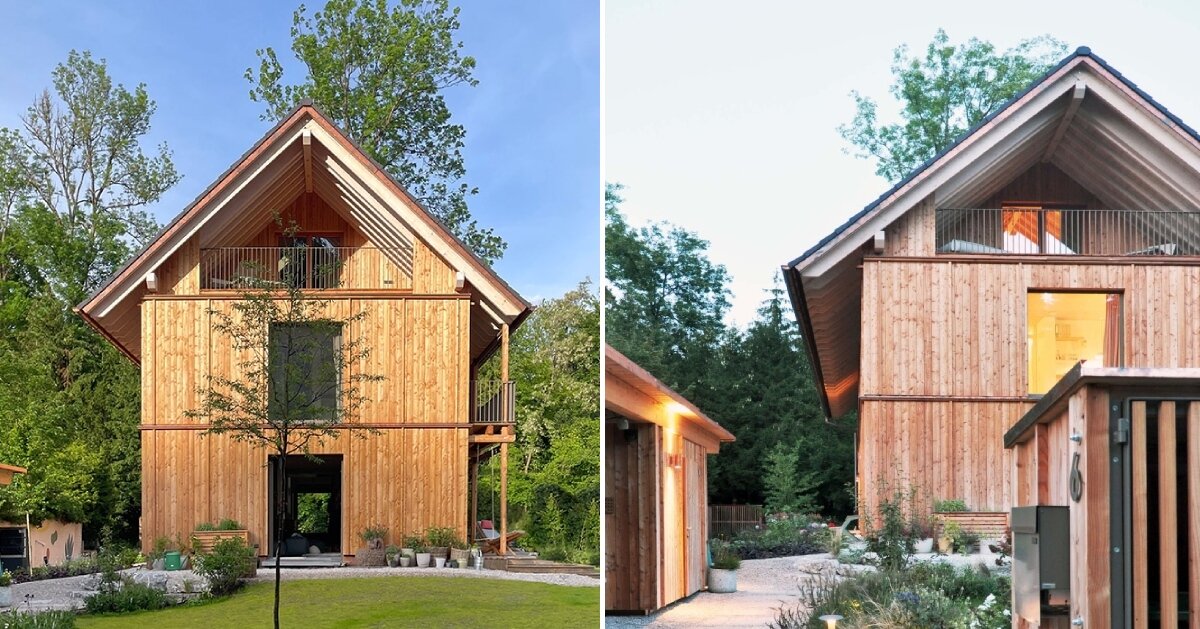 towering poplars, pines, and firs shield studiomolter’s wooden house by the river in germany