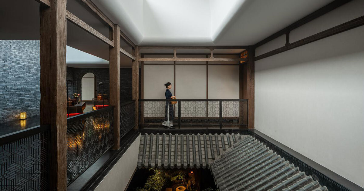 water ponds and courtyards in tanzo space’s meng du hui restaurant evoke bamboo garden