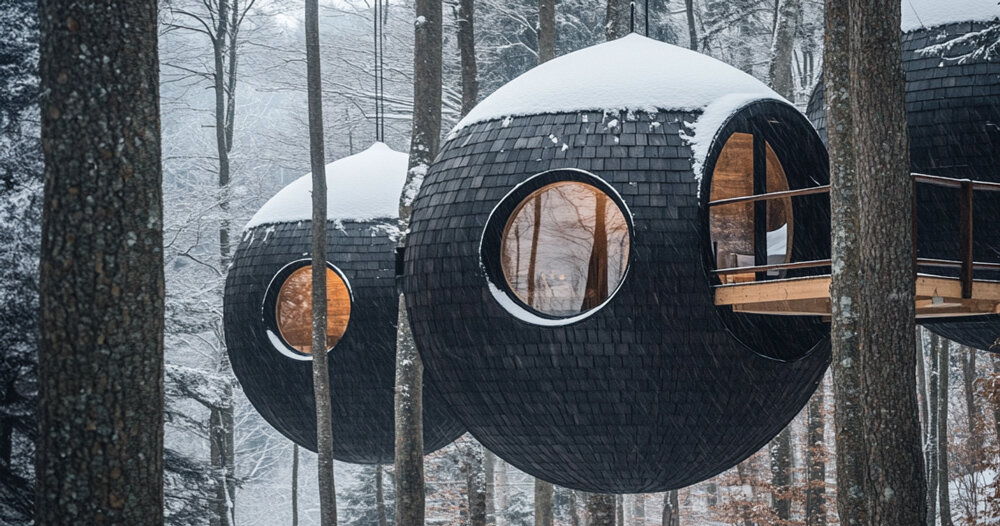 antony gibbon envisions ‘burl treehouse’ concept with shingled spheres floating in the trees